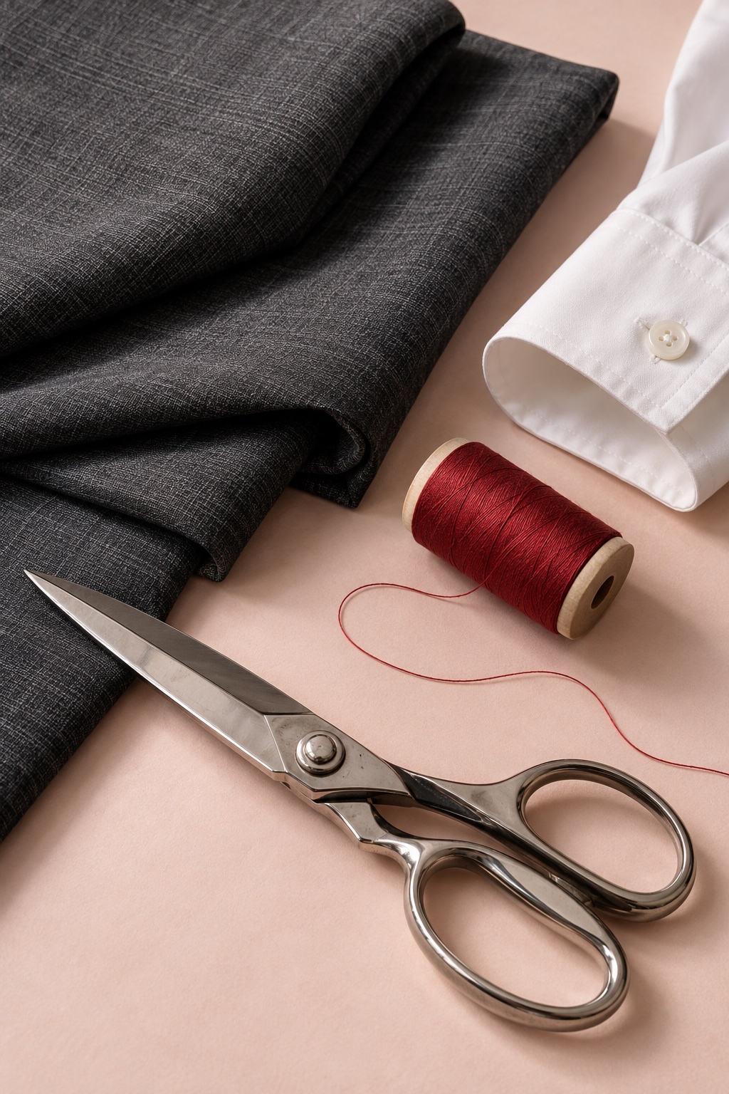 Illustrative still life of suiting fabric, a shirt cuff, thread and tailoring scissors